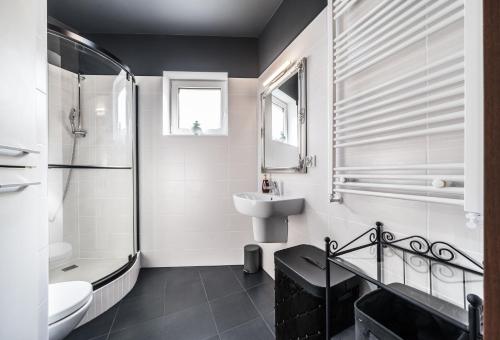 een badkamer met een wastafel, een toilet en een douche bij Apartament Belvedere Ławica Airport in Poznań