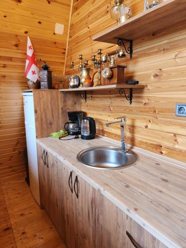 cottage vizitori في باتومي: مطبخ مع حوض في كابينة خشب
