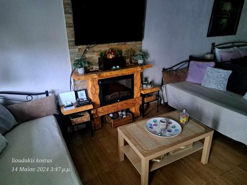 a living room with a couch and a fireplace at Zoe garden home in Spáta