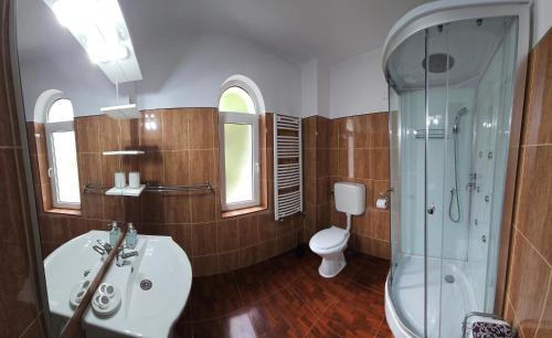 a bathroom with a toilet and a shower and a sink at Hillside in Oradea