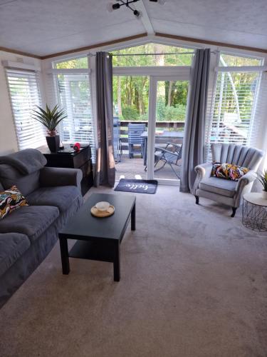 a living room with a couch and a table at The Forest Cabin Holiday Home 15 in Ballantrae