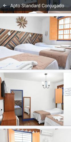 two pictures of a hotel room with two beds at Pouso das Gerais in Tiradentes