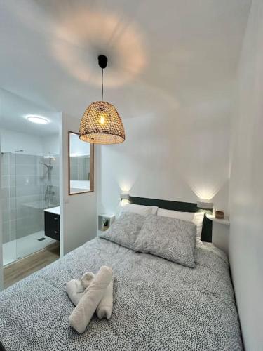 - un animal farci sur un lit dans une chambre dans l'établissement Studio aux 2 terrasses, à Mirabel-et-Blacons