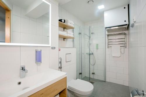 a white bathroom with a toilet and a shower at Hotelli Toivola in Kemi