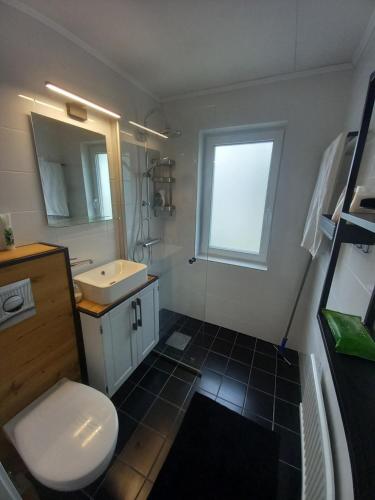 a bathroom with a white toilet and a sink at Villa Lärkvägen in Virserum