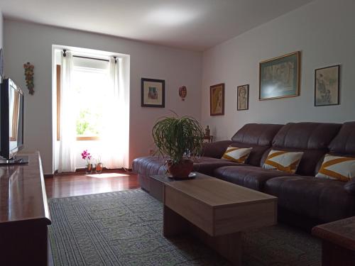 a living room with a leather couch and a coffee table at Lar A Rola El precio x una noche es para dia y medio Check in 9am Out 21pm in Sabucedo