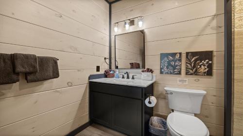a bathroom with a toilet and a sink and a mirror at Royce' s Retreat in Sevierville