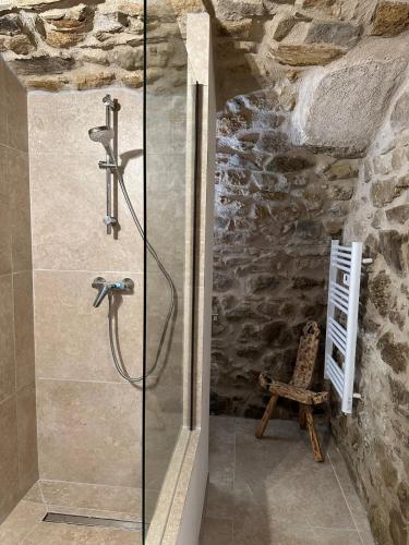 La salle de bains est pourvue d'une douche et d'un mur en pierre. dans l'établissement Mas en Cévennes - Brèç de l'anhel, la Jaça, à Saint-Paul-la-Coste
