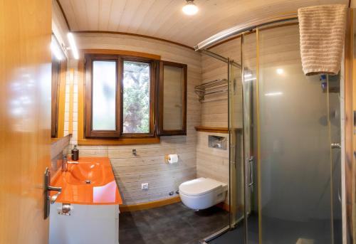 a bathroom with a toilet and a sink and a shower at CABAÑA VILA DO MAR in Baiona