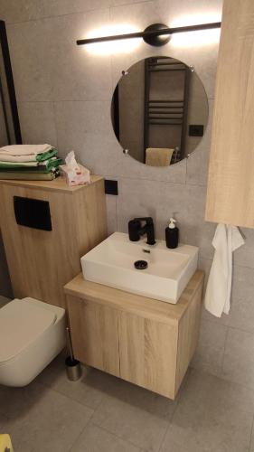 a bathroom with a white sink and a mirror at Little Tiny Village Haus 1 in Fußach