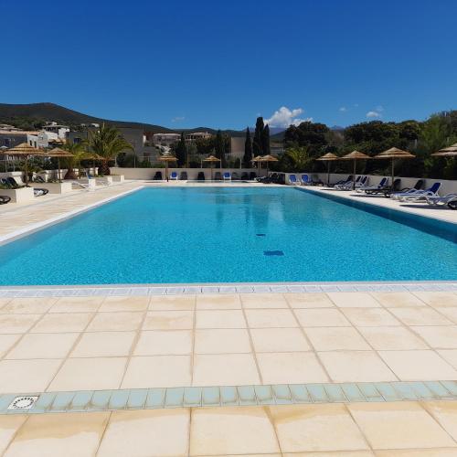 - une grande piscine avec des chaises dans l'établissement La perle de lozari, Duplex vue mer, Belgodère, L'île rousse, Corse, à Belgodère