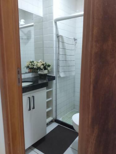 a bathroom with a shower and a sink and a toilet at Monte Castelo in Bezerros
