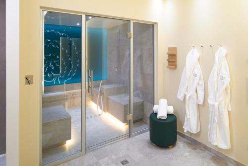 シュトールベルク・イム・ハルツにあるNaturresort & Spa Schindelbruchのバスルーム(シャワー、ガラス張りのシャワーブース付)