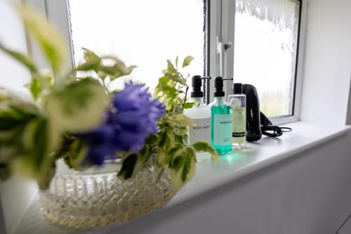 alféizar de la ventana con flores y botellas de crema hidratante en Epiphany homes, en Horsford