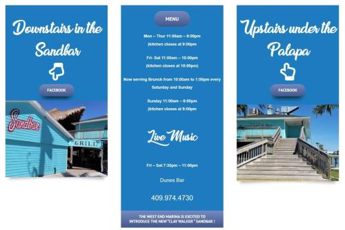 a flyer for a restaurant with a staircase and a patio at 6 BR Beach view -Sleeps 14 -Rolling with the flow in Galveston