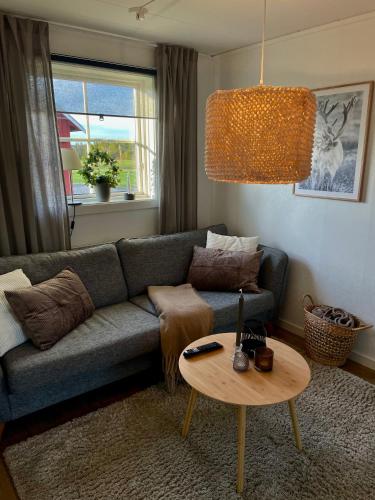 a living room with a couch and a table at Litet hus på landet in Krokom