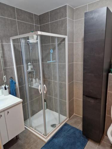 une douche avec une porte vitrée dans une salle de bain dans l'établissement T2 stade vélodrome, à Marseille
