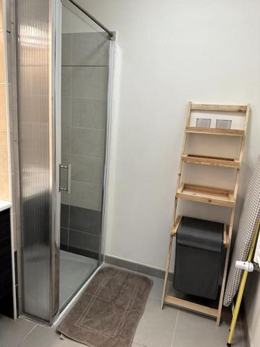 La salle de bains est pourvue d'une douche avec une échelle et une étagère. dans l'établissement Appart La Mantilla, wifi, clim, parking, Netflix, à Montpellier