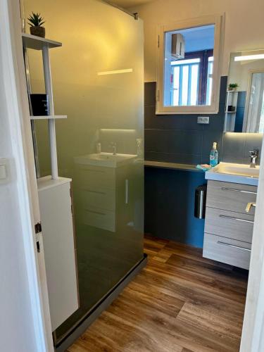 une salle de bain avec un lavabo et un miroir dans l'établissement Bel appartement au calme et très bien situé !, à La Ciotat