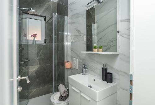 a bathroom with a sink and a shower and a toilet at Apartmants Šestić in Tučepi