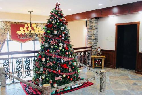a christmas tree in a room with a fireplace at Close to Everything Ski In and Out in Snowshoe