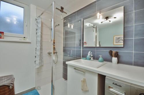 une salle de bain avec un lavabo et une douche dans l'établissement Charmant appartement proche du centre avec grande terrasse, à Strasbourg