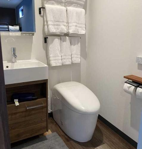 bagno con servizi igienici, lavandino e asciugamani. di SHONAN BASE - Vacation STAY 46539v ad Abiko