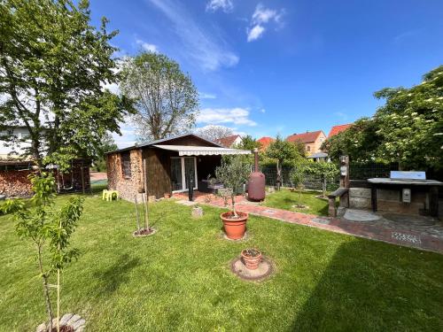 a yard with two trees and a building at Ferienhaus Katharina in Hoyerswerda