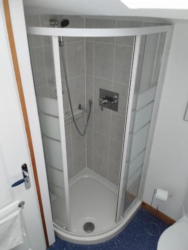 a shower with a glass door in a bathroom at Buddleia in Cherbonnières