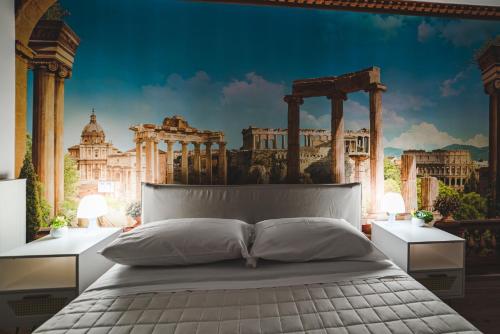 a bedroom with a king size bed with a palace and ruins at Tibur Domus B&B in Rome