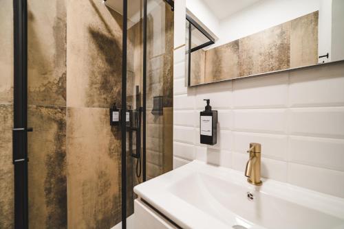 a bathroom with a sink and a shower at Tibur Domus B&B in Rome