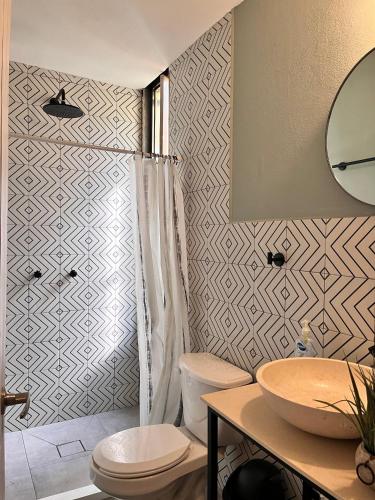 a bathroom with a shower and a toilet and a sink at Tiny Cozy Cabin las moras in San Mateo Río Hondo