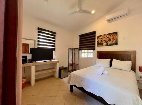 a bedroom with a bed and a desk with a television at Orquideas Villas & Studios at Country House in Cancún