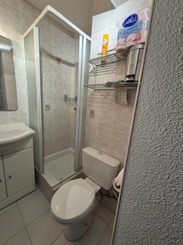 une salle de bain avec toilettes, douche et lavabo dans l'établissement Appartement T2 Centre Port Cap d'Agde, au Cap d'Agde