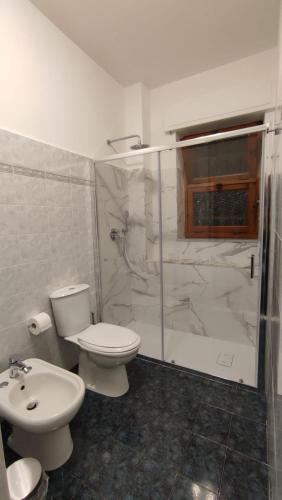a bathroom with a toilet and a shower and a sink at R Family in Acireale