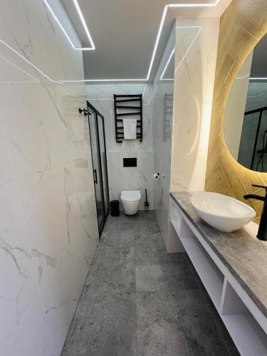a bathroom with a sink and a toilet and a mirror at KarvalSea APARTAMENTY in Karwia