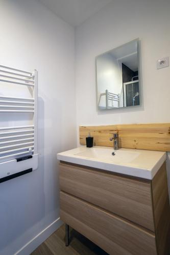 une salle de bain avec un lavabo et un miroir dans l'établissement Grand T2 Hyper Centre Proche Toutes Commodités, à Perpignan