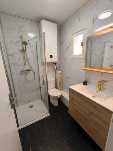 une salle de bain avec une douche, des toilettes et un lavabo dans l'établissement Le Soléa - Cassis centre Résidence Le Club avec piscine et garage pour 2-4 personnes, à Cassis