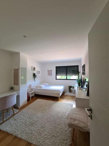 une chambre blanche avec un lit et une fenêtre dans l'établissement Belle villa 10 pers dans le sud de la France, à Sommières