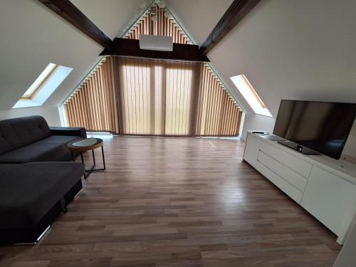 ein Wohnzimmer mit einem Sofa und einem Flachbild-TV in der Unterkunft Großzügige 100 m2 Wohnung mit Terrasse in Linz