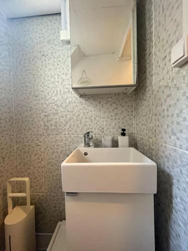 une salle de bain avec un lavabo blanc et un miroir dans l'établissement Quiet studio next business school and castle, à Fontainebleau