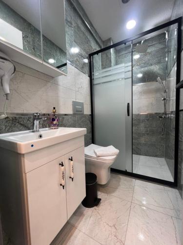 a bathroom with a shower and a sink and a toilet at Feycem Suites&Hotel in Istanbul