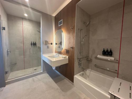 ein Badezimmer mit einer Dusche, einem Waschbecken und einer Badewanne in der Unterkunft Hotel Indigo Baton Rouge Downtown, an IHG Hotel in Baton Rouge