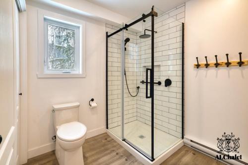 a bathroom with a toilet and a glass shower at Le Loonix- Chalet familiale avec Spa in Petite-Rivière-Saint-François