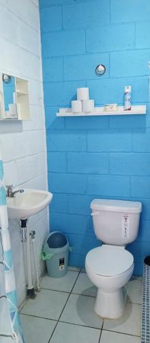 a blue bathroom with a toilet and a sink at Mini casa a dos cuadras de la playa, muy cerca del comercio local in La Libertad