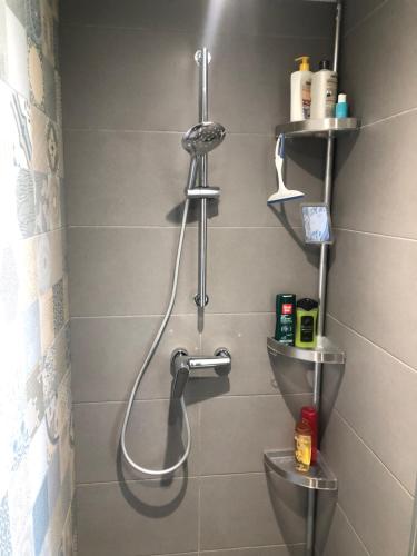 ein Badezimmer mit Dusche, WC und Regalen in der Unterkunft Ty Bihan - Cœur de bourg in Saint-Gildas-de-Rhuys