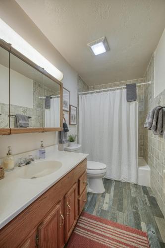 a bathroom with a sink and a toilet and a shower at Wapiti View 6-Bedroom Cabin 28mins to Yellowstone in Island Park