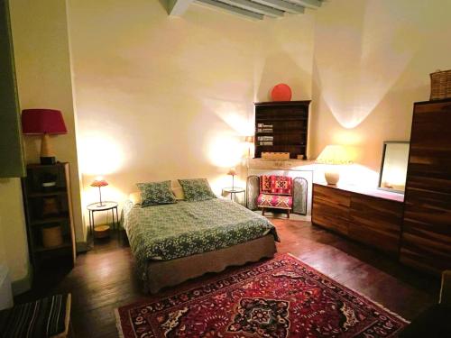 een slaapkamer met een bed en een rood tapijt bij Palais des Papes - Spacious Historic Apartment in Private Mansion ! Free PARKING Nearby ! Spacieux Appartement Historique dans Hôtel Particulier ! PARKING à proximité Offert ! in Avignon