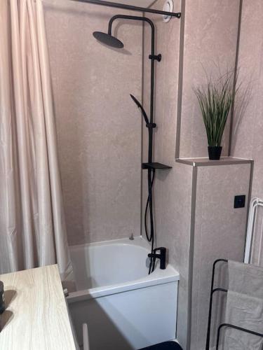 a bathroom with a shower with a bath tub at Appartement T2 en résidence privée in Maurepas