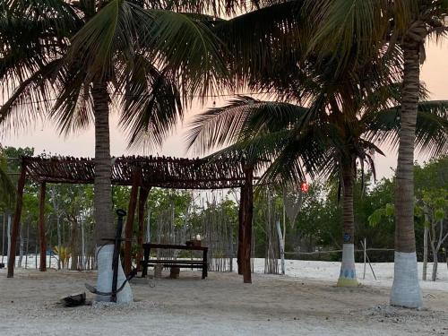 a picnic table and palm trees on the beach at Camping, Glamping y Caravanas Dos Lunas in Celestún